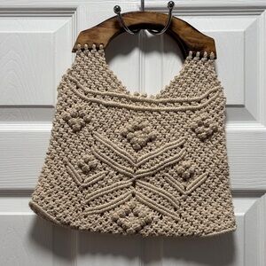 Elegant Beige Crochet Tote with Wooden Handle